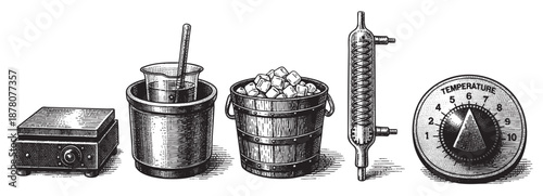 Detailed engraving-style illustration featuring laboratory equipment, including a hot plate, water bath, ice bucket, condenser, and temperature gauge, perfect for scientific concepts.