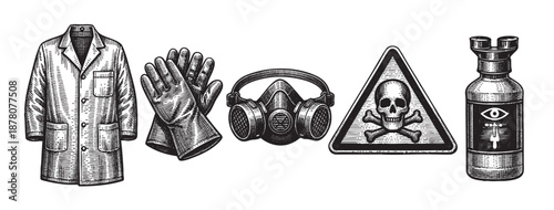 Engraved lab safety gear including lab coat, gloves, gas mask, warning sign, and bottle on white, ideal for science, safety, or cautionary themes.