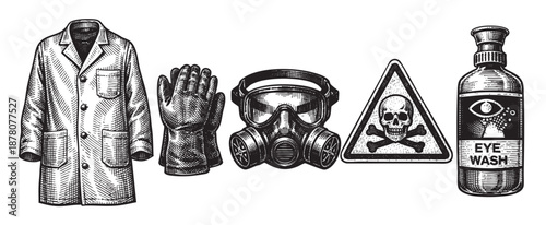 Isolated engraving style illustration showcasing lab coat, gloves, gas mask, skull warning, and eyewash bottle, representing hazardous materials and safety measures.