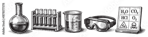 An intricate etched illustration showcases essential scientific equipment, including flasks, test tubes, goggles, and chemical symbols, set against a clean, white background.
