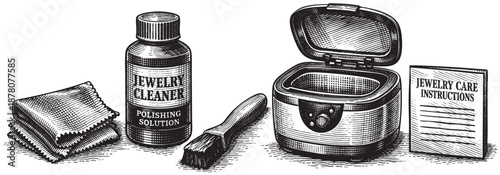 Detailed black and white illustration of a jewelry cleaning kit, including cleaner, cloth, brush, and instructions. Suitable for DIY, vintage style projects.