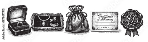 Engraved still life of jewelry with a ring box, necklace, certificate of authenticity, bag, and wax seal, showcasing elegance and precious items.