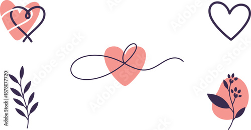 Minimalist pink hearts and leaves illustrations for love and nature concepts