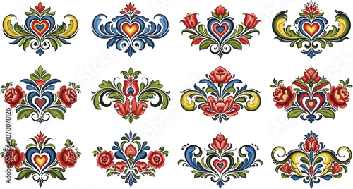 Tableau sur toile Set of twelve colorful Hungarian folk art floral heart ornaments traditional emb