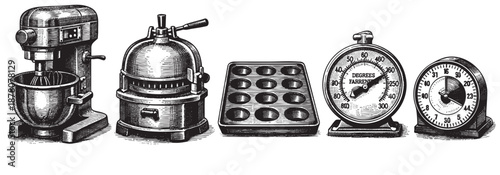 Classic vintage baking tools are shown in a detailed engraving style against a clean white background, ideal for culinary-themed design and illustration.