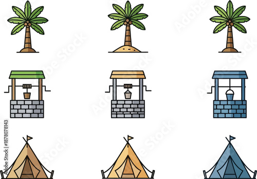 Set of tropical palm trees water wells and tents in flat design vector icons