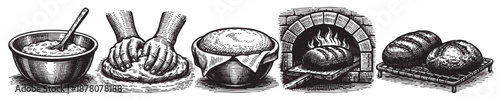 Black and white illustration depicting the bread baking process, including mixing, kneading, rising, baking in an oven, and cooling.