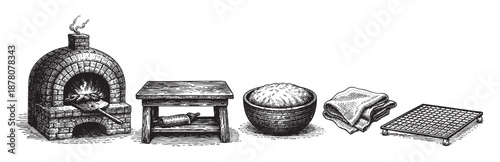 Antique style woodcut illustration of baking preparation tools, showing a wood oven, a table, a bowl of dough, a towel, and a baking rack.