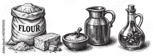 Hand drawn style black and white engraving of baking ingredients including flour, butter, salt, oil used for vintage style cooking illustrations.
