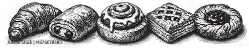 Graphic black and white illustration showcases assorted baked goods including croissant, cinnamon roll, and lattice pastry, offering classic pastry visuals.
