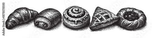 Five delicious pastries, including croissants, a cinnamon roll, and a pie, are engraved in black and white in this graphic illustration.
