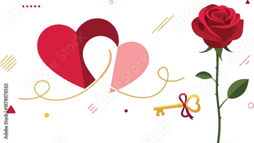 Romantic Valentine's Day illustration with hearts, rose, and key on white