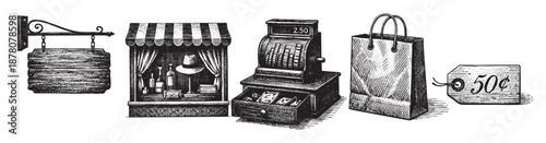 Black and white vector illustration showing vintage store items, including a shop sign, shop front, cash register, bag and price tag.