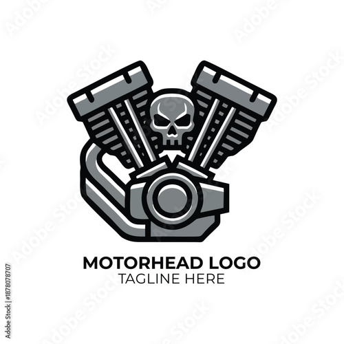 Motorcycle V-Twin Engine Logo: Gritty Skull Mascot Emblem for Biker Clubs, Custom Choppers, and Automotive Branding