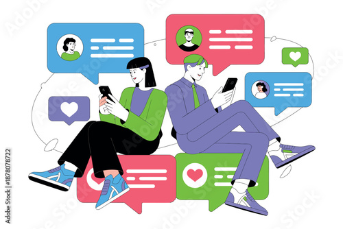 A man and woman sitting and using their smartphones with social media speech bubbles around them.