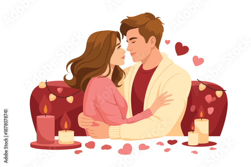 A romantic couple sharing a tender moment on a cozy couch with candles and hearts around them.