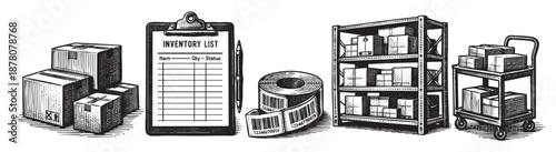 Hand drawn illustration showing warehouse inventory, boxes, clipboard, shelf and barcode. Can be used for logistics, shipping, stocking themes.