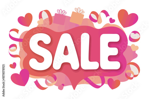 A colorful sale sign with hearts and gifts on a white background