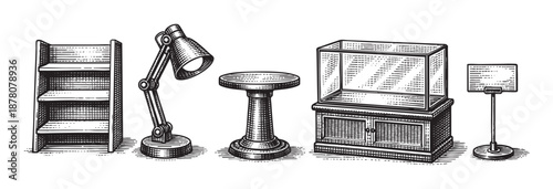 A vintage engraved drawing showcases a bookshelf, lamp, table, display case, and signage on a white background.