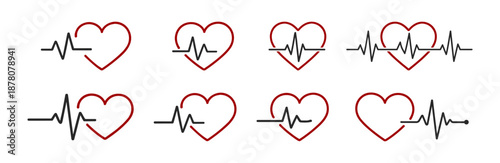 Heartbeat heart pulse line icons set, medical cardiogram love health linear vector illustration on transparent background