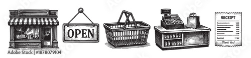 A monochrome engraved illustration of a grocer store with an open sign, basket, cash register, and receipt, conveying a feeling of shopping.