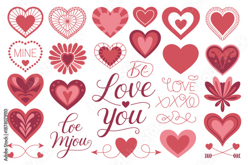 A collection of various pink and red heart designs on a white background for Valentine's Day or love themed concepts