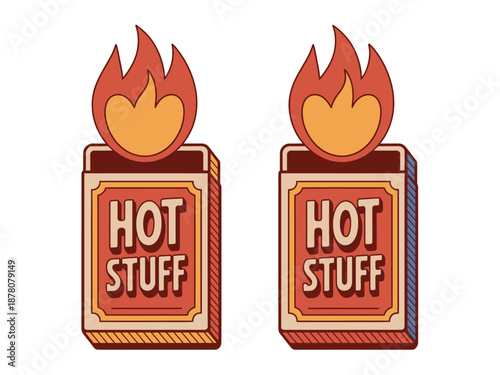 A cartoon illustration of two matchboxes with flames on top and the words 'HOT STUFF' written on them.