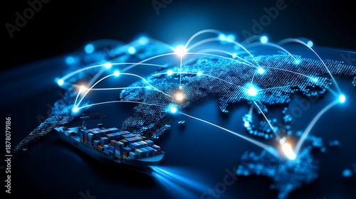Artificial intelligence and international logistics concept visualization featuring world map with interconnected supply chain network and container vessel for import-export operations,