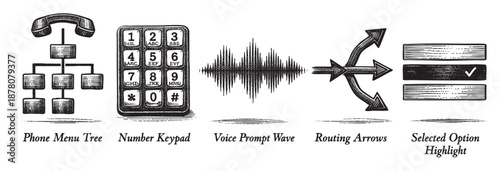 A monochrome illustration depicts phone system navigation, with a menu tree, number keypad, voice prompt wave, routing arrows, and selected option highlight.