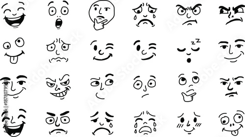 Collection of Diverse Hand-Drawn Cartoon Faces Expressing Various Emotions and Feelings - Black and White Style