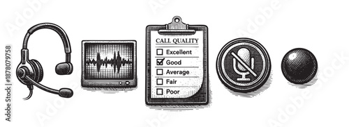 Detailed line art illustration depicting call center performance with a headset, quality checklist, waveform monitor, microphone mute symbol and black dot.