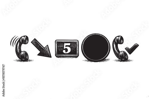 Black and white illustration showing phone call process: handset rings, arrow to number 5, to a blank circle, to completed call.