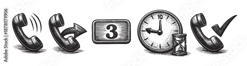 Hand drawn vector illustration shows process steps from ringing call to call completion, useful for phone support or call center.