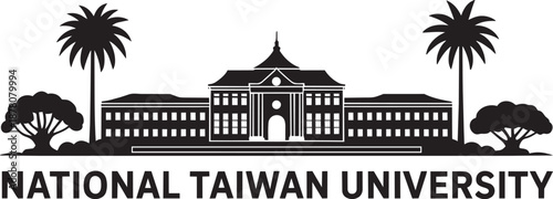 National taiwan university logo silhouette building trees text palm trees
