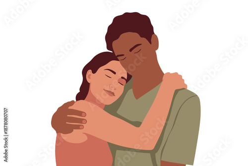 A diverse couple sharing a warm and intimate hug with love and affection