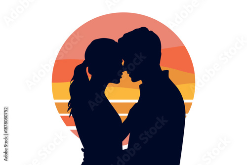 A romantic couple embracing in front of a beautiful sunset