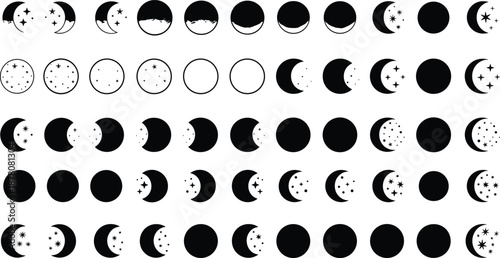 Vector, moon, phases, icons, lunar, cycle, astrology, astronomy, night, sky, space, stars, celestial, nature, black, silhouette, crescent, eclipse, orb