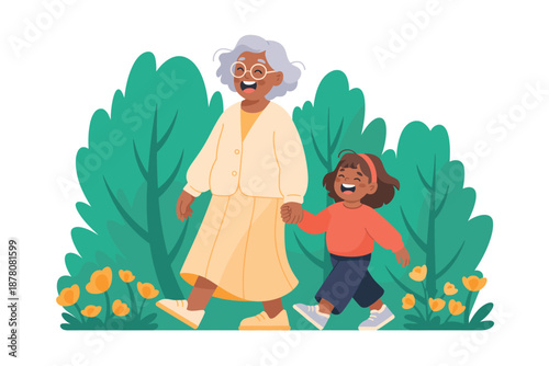 A happy senior woman and a young girl walking hand in hand in a beautiful garden with green trees and yellow flowers.