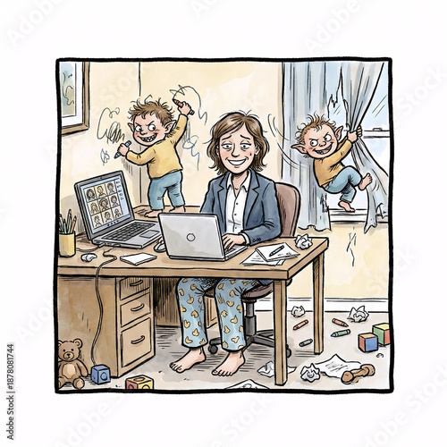 Work from home chaos concept with mother trying to work on laptop while naughty children destroy the room behind her