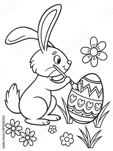 Cute cartoon bunny rabbit happily decorating a large patterned easter egg with a small paintbrush surrounded by springtime flowers for an adorable coloring book page activity.