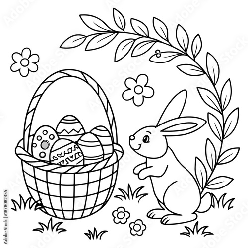 Adorable black and white outline illustration featuring a cute happy bunny rabbit standing next to a woven basket filled with decorated Easter eggs for children to color in.