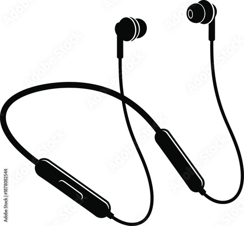 Black silhouette of wireless neckband earphones for music listening and calls