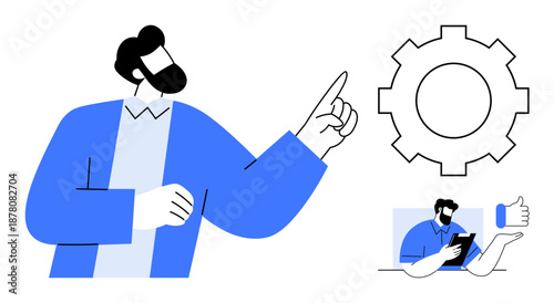 Workflow optimization, teamwork, innovation, technology, project management, productivity. A man gestures towards a gear symbol, with a secondary scene showing approval. Workflow optimization