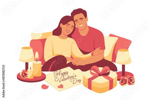 A happy couple sitting on a couch with gifts and candles on Valentine's Day