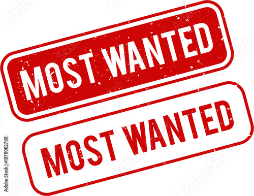 Most Wanted Rubber Stamp, Vintage Old Red Grunge Texture Frame Label, Retro Distressed Ink Seal, Vector Illustration for Crime, Law, Police, Alert, Warning Notice