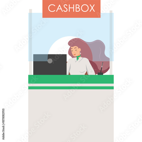 Cashier at cashbox in bank vector icon isolated on white