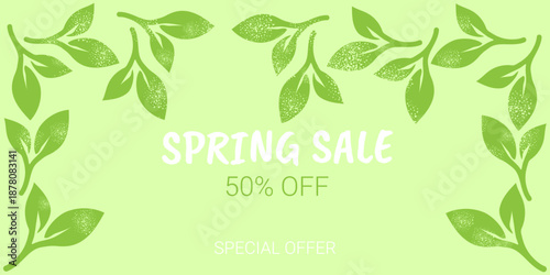Spring sale banner with young leaves and texture. Template with sprouts for the spring season. Vector illustration. EPS10.