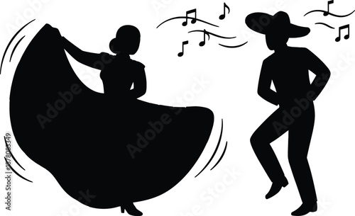Traditional Mexican folk dance couple silhouette performing with sombrero and swirling skirt for Cinco de Mayo fiesta celebration culture event and musical party decoration design icon.