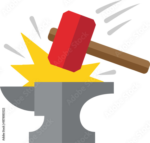 Red sledgehammer striking grey steel anvil with yellow spark for heavy industry manufacturing concept symbolizing hard manual labor strength and traditional blacksmithing metalwork.