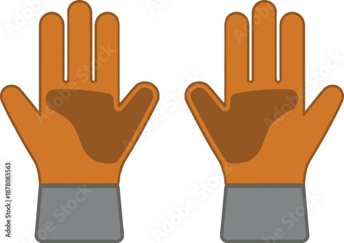 Pair of orange work safety gloves with brown palm grip for construction worker hand protection and industrial manual labor equipment concept icon symbol for job security uniform tool.